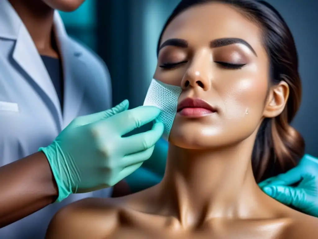 Experta dermatóloga aplica tiras de cera en piel con acné, destacando técnica precisa y cuidadosa