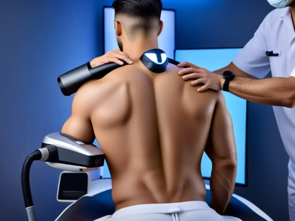 Fotodepilación masculina: eficacia y precisión láser Un experto en estética masculina realiza depilación láser en la espalda de un hombre en una clínica moderna