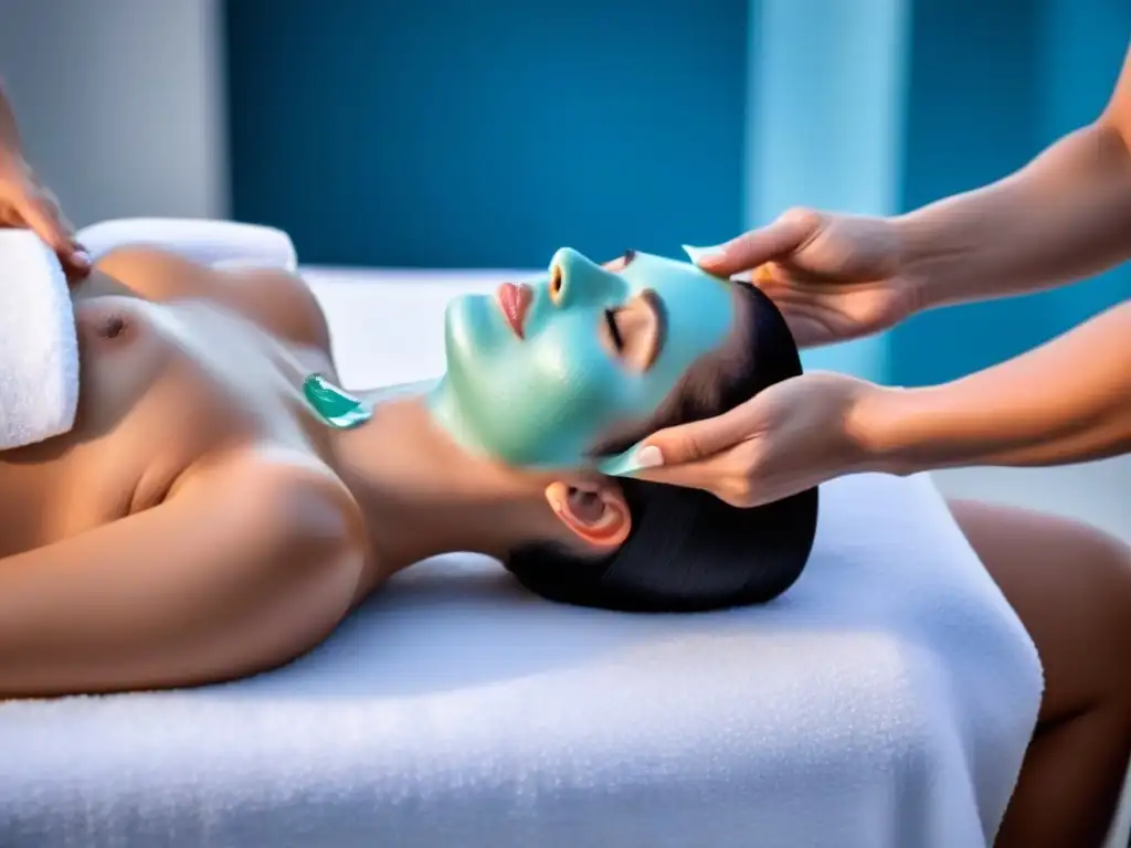 Un experto esteticista aplica gel de aloe vera en la piel recién depilada de una clienta, en un spa sereno con decoración en azul