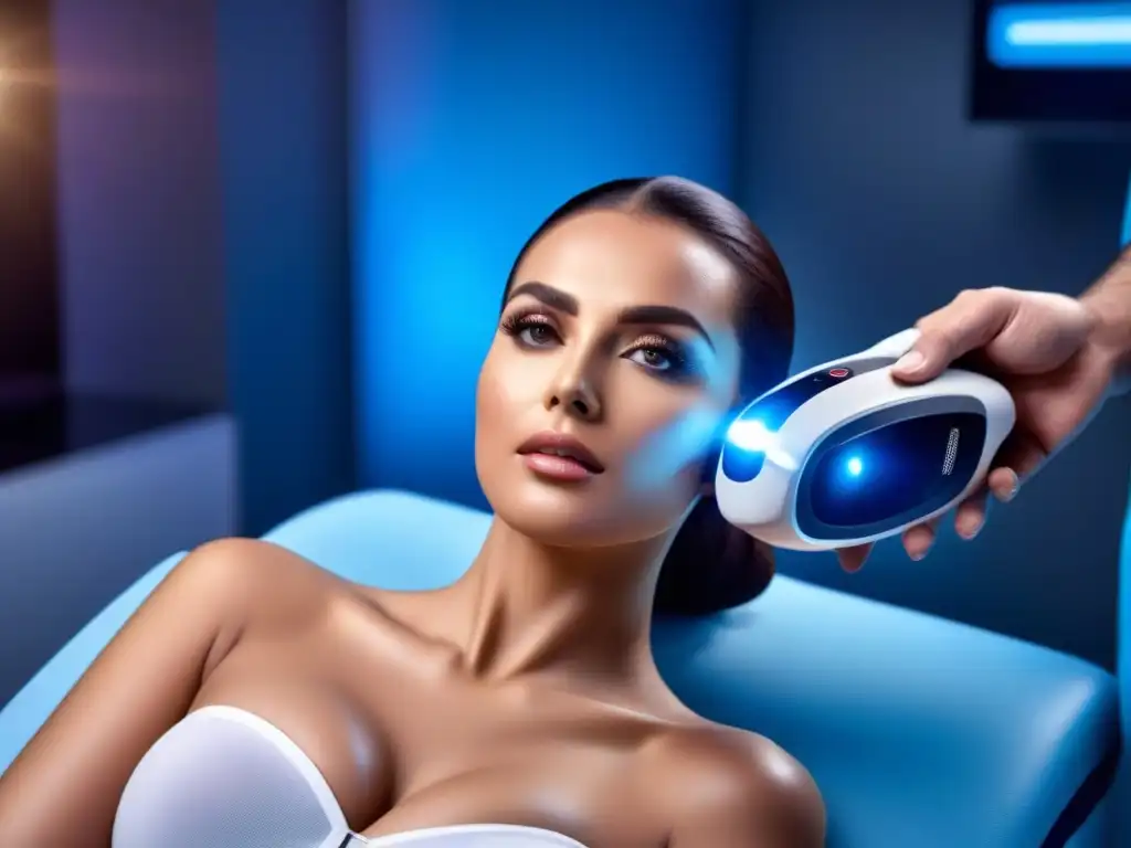 Fotodepilación de precisión: tecnología avanzada y efectividad en acción, con láser azul en piel de modelo y técnico profesional