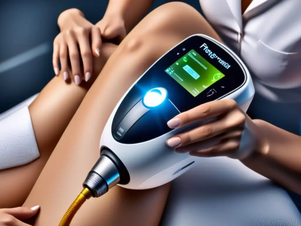 Dispositivo láser de depilación sin dolor: innovación futurista Fotodepilación sin dolor: Imagen de un dispositivo láser futurista con tecnología de enfriamiento avanzada y diseño elegante en un entorno profesional