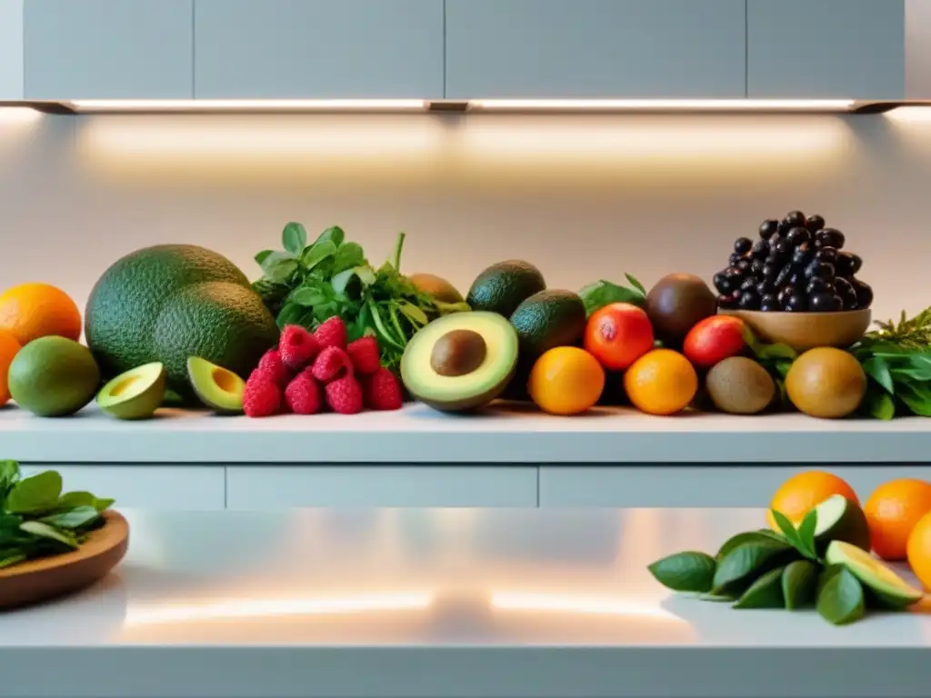 Exquisita variedad de frutas y verduras para una dieta saludable Frescos frutos y verduras en una cocina moderna transmiten la importancia de una dieta saludable para la depilación eficaz según tipo piel