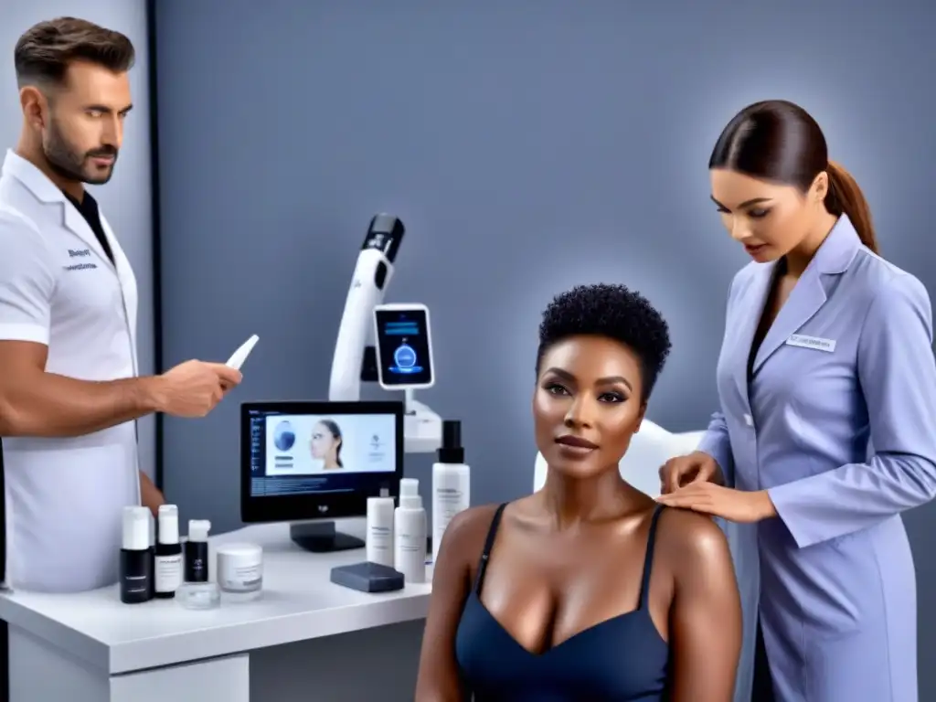 Expertos en dermatología analizan depilatorios en clínica moderna Grupo diverso de dermatólogos y expertos en cuidado de la piel analizando consejos para maximizar crema depilatoria en clínica moderna