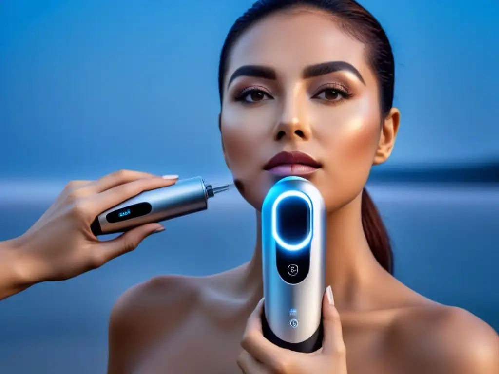 Grupo diverso sostiene dispositivo láser depilatorio futurista plateado con pantalla digital