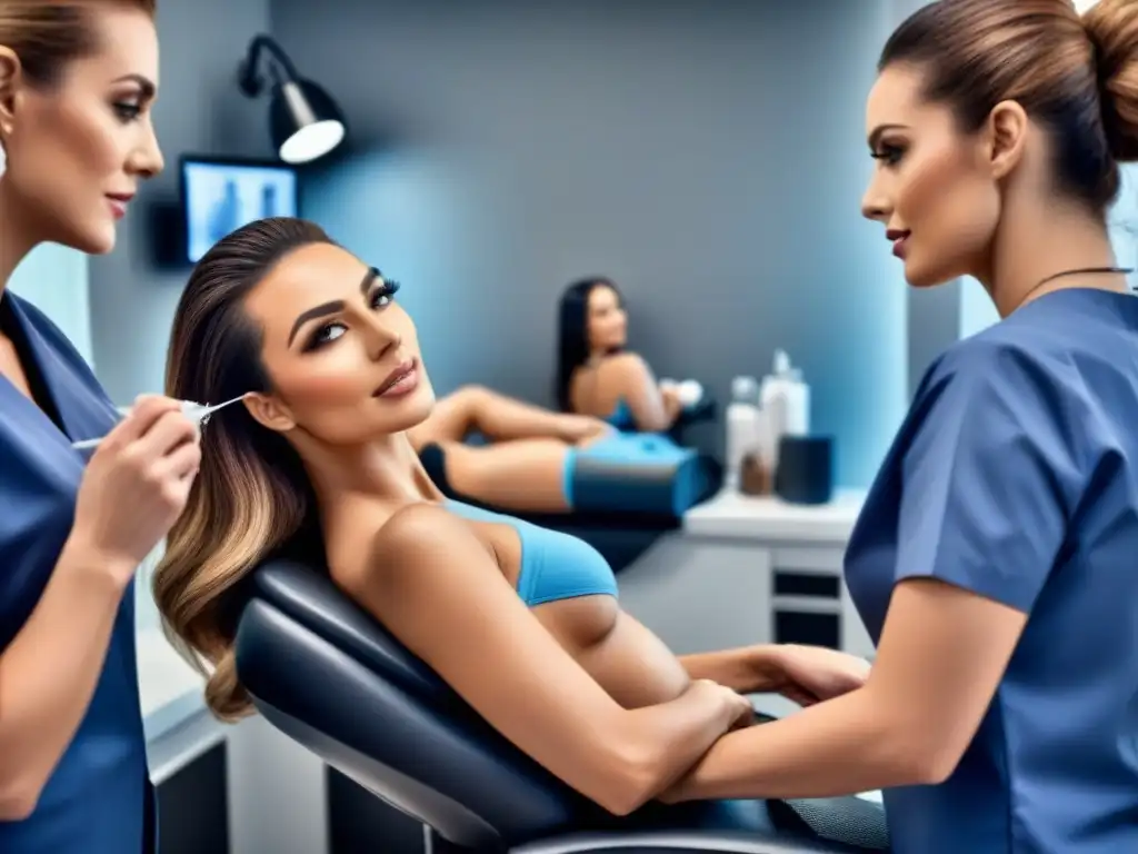 Esteticistas profesionales en salón moderno con técnicas de depilación Grupo diverso de esteticistas en salón moderno, mostrando técnicas de depilación