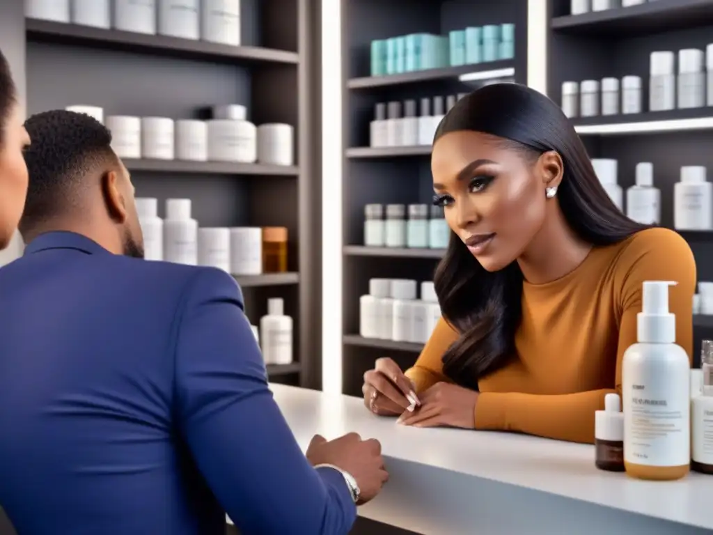 Expertos en dermatología analizan depilatorios en clínica de belleza Grupo diverso de expertos en dermatología y belleza analizando cremas depilatorias en clínica moderna