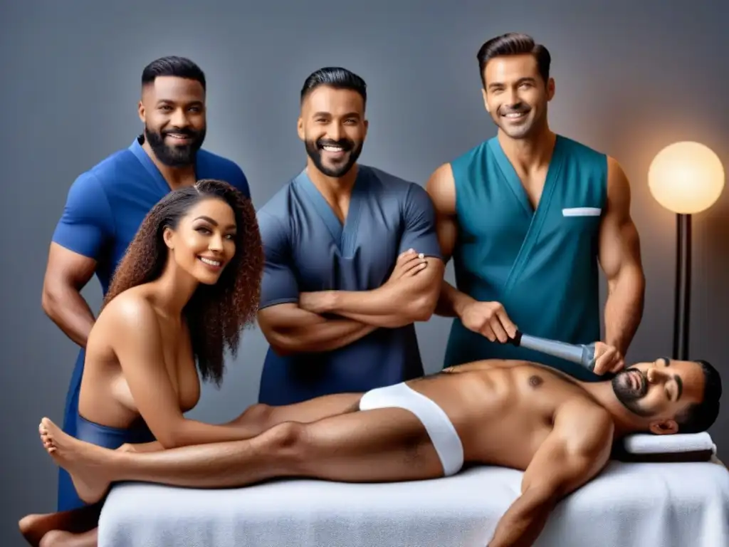 Un grupo diverso de hombres en un spa moderno, mostrando métodos de depilación como cera, láser, afeitado y recorte