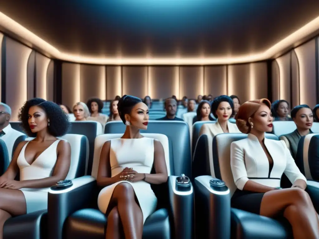 Mujeres diversas disfrutan de cine clásico en futurista sala de cine Grupo diverso de mujeres viendo cine clásico en cine futurista