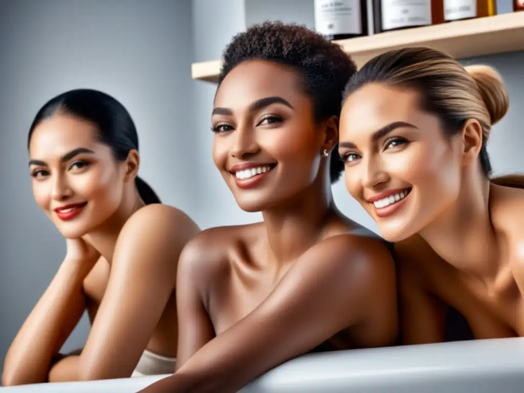 Sonrisas suaves: Mujeres diversas lucen piel sin vello Un grupo diverso de mujeres sonríe mostrando su piel suave y sin vello tras usar las mejores cremas depilatorias 2022