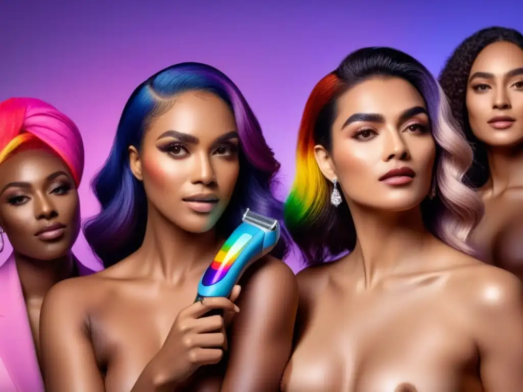 Diversidad y empoderamiento en depilación LGBTQ+ Un grupo diverso de personas LGBTQ+ se cuida con métodos de depilación, mostrando empoderamiento y diversidad en un ambiente inclusivo y moderno