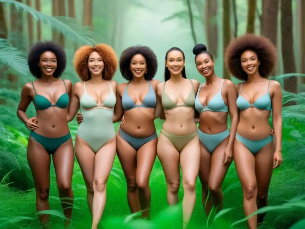 Un grupo diverso sonríe, mostrando piel suave y sin vello en un bosque verde