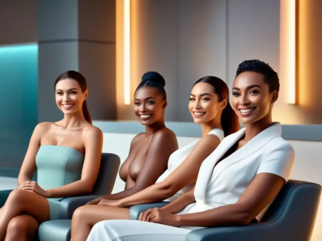 Grupo diverso sonriente en spa moderno, piel suave y sin vello Un grupo diverso sonriente en un spa moderno, transmitiendo satisfacción y empoderamiento