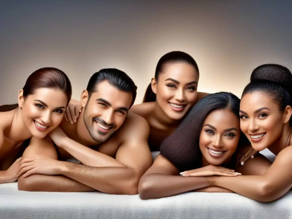 Piel suave y sin vello: diversidad y cuidado en spa Un grupo diverso sonríe en un spa moderno, luciendo piel suave tras depilación profesional