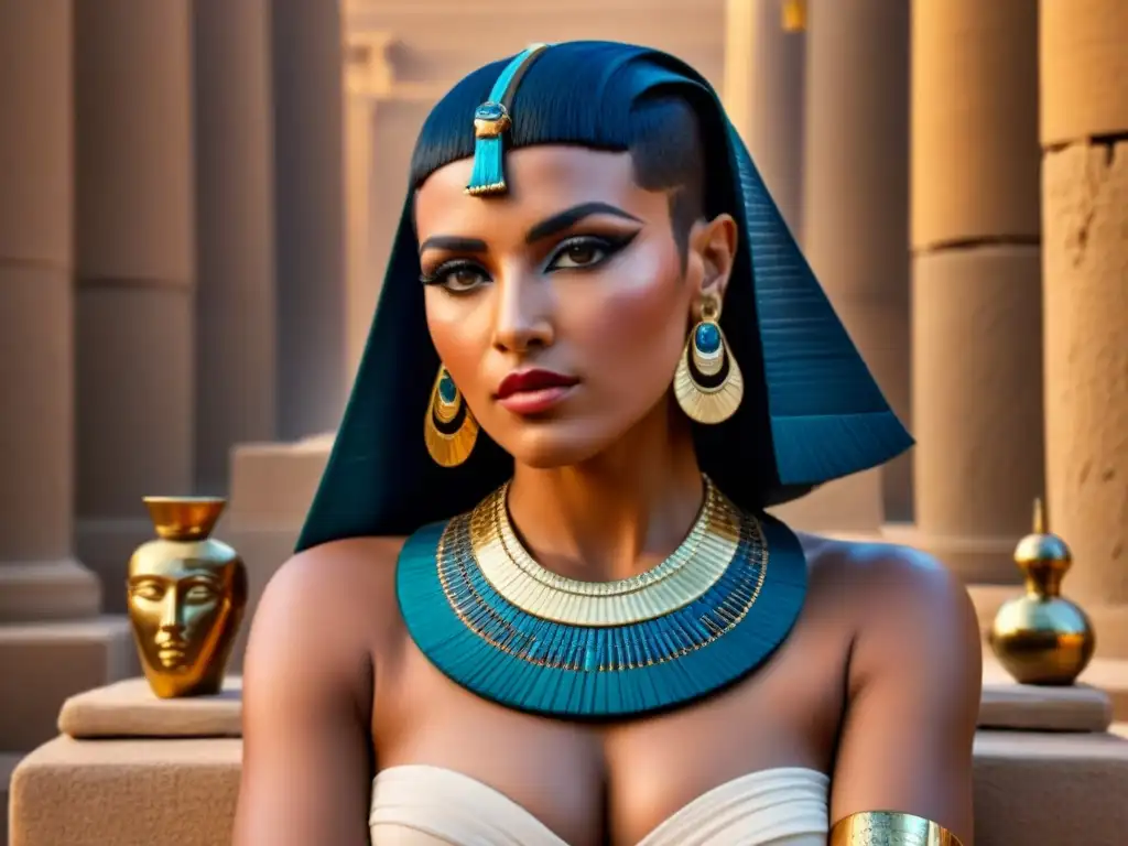 Interpretación artística de Cleopatra: belleza egipcia atemporal Hermosa representación artística de Cleopatra en el Egipto Antiguo con herramientas de belleza, joyas y ambiente palaciego