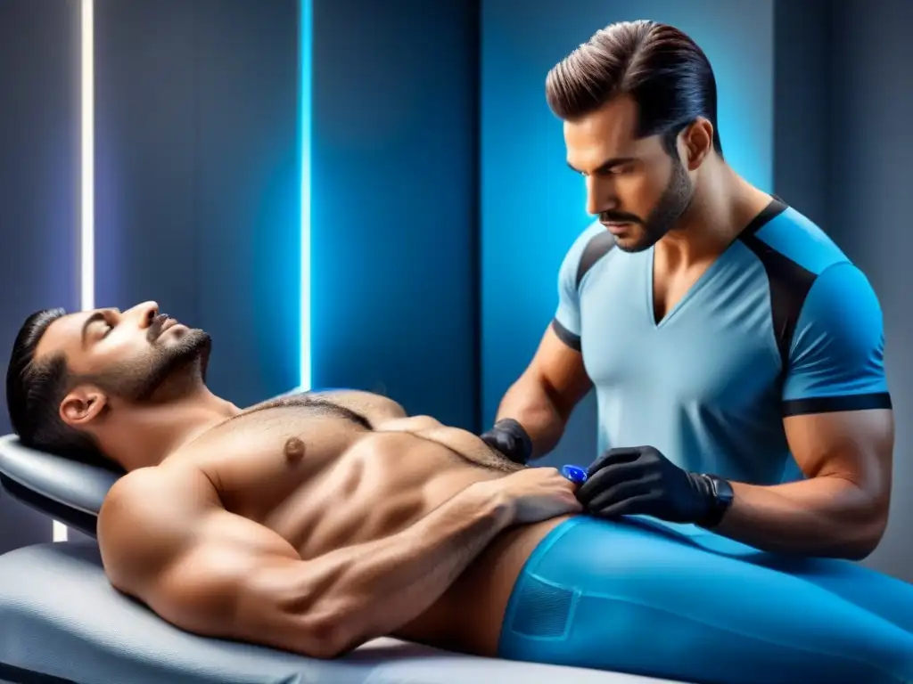 Eliminación de vello láser: hombre confiado en clínica moderna Un hombre guapo recibe depilación láser en el pecho en una clínica moderna y futurista