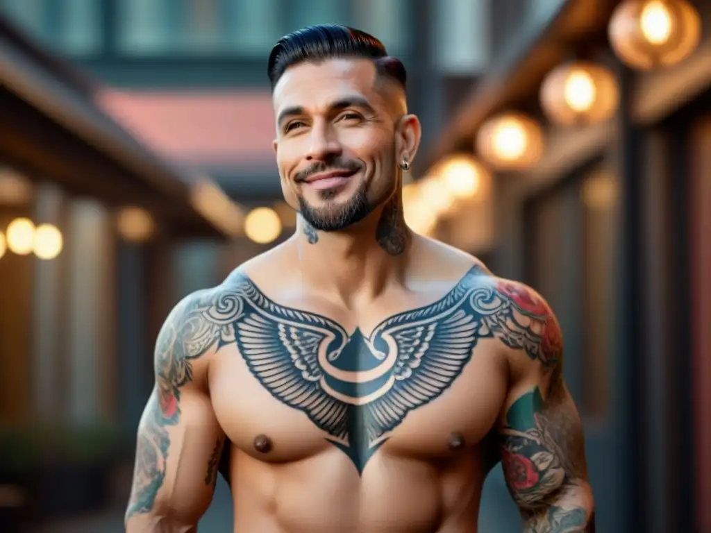 Retrato detallado de hombre tatuado en estudio moderno Un hombre con tatuajes detallados exhibe piel preparada para depilación, en estudio moderno