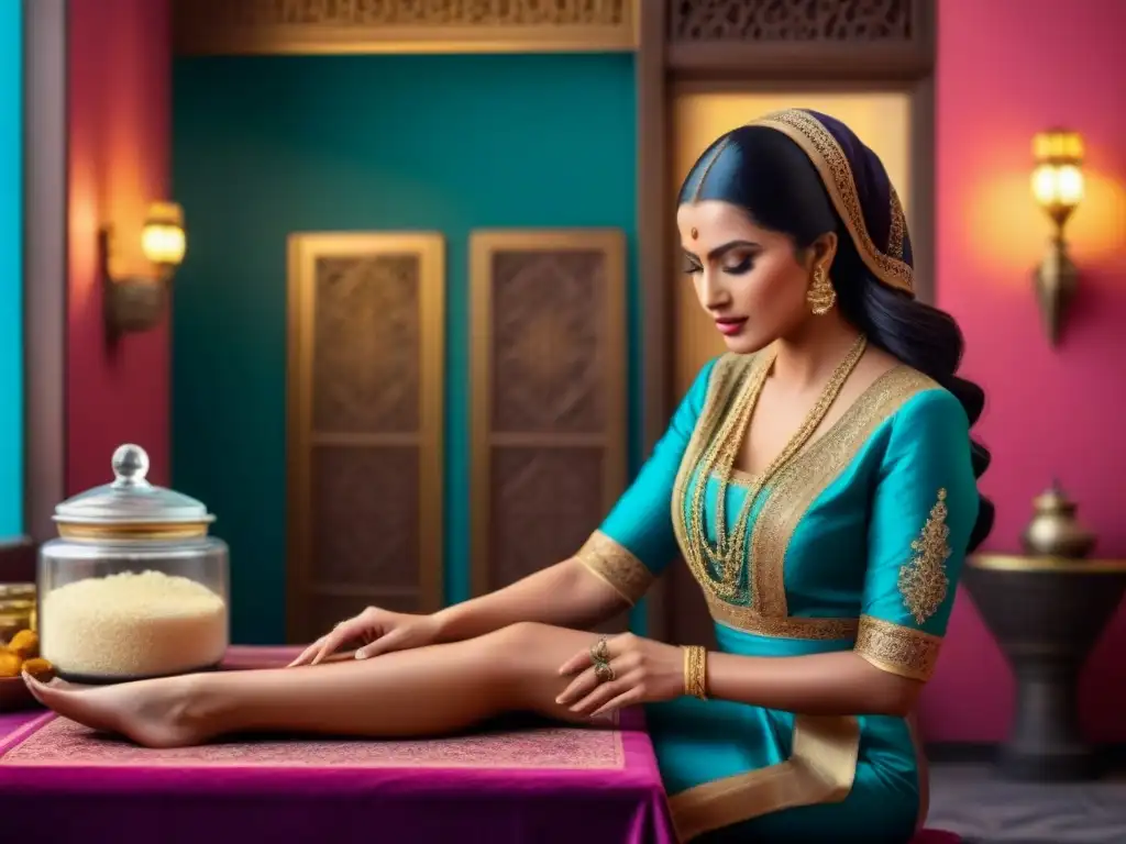 Exquisita depilación con azúcar: tradición y sofisticación Una ilustración moderna de una mujer de Oriente Medio practicando depilación con azúcar en un salón elegante y decorado