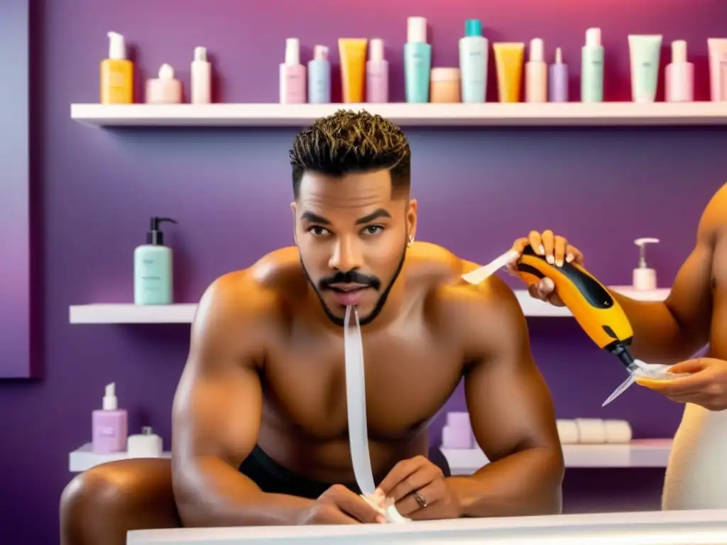 Empoderamiento LGBTQ+ en depilación casera Una imagen detallada con personas LGBTQ+ realizando depilación DIY en un baño moderno