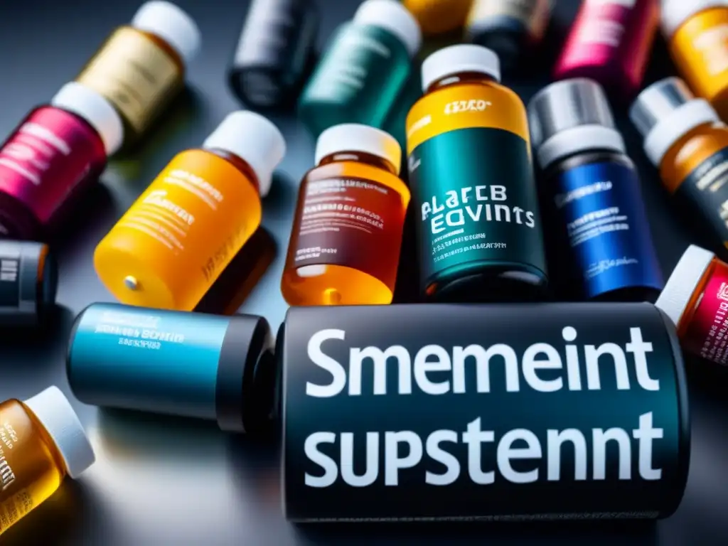 Una imagen detallada de suplementos de belleza modernos, con colores vibrantes y texturas elegantes