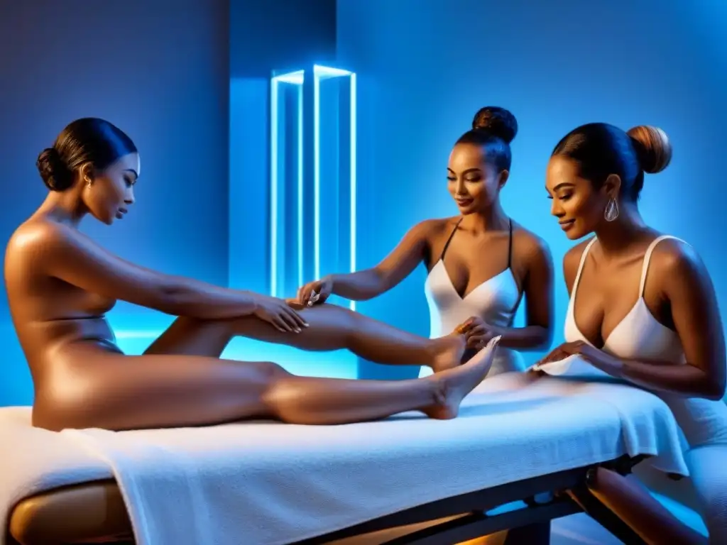 Variedad de métodos de depilación en un spa moderno 'Imagen de personas diversas en un spa moderno, disfrutando de técnicas de depilación: cera, afeitado, láser y azúcar
