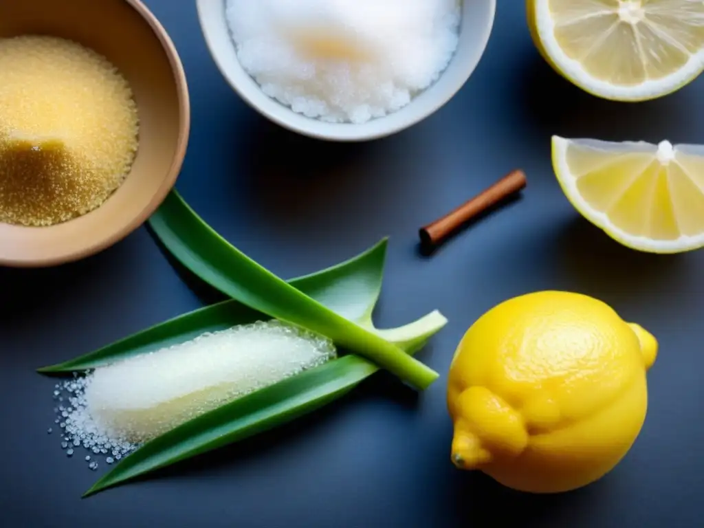 Ingredientes naturales para depilación casera con azúcar, limón, miel y sábila, en una composición vibrante y fresca