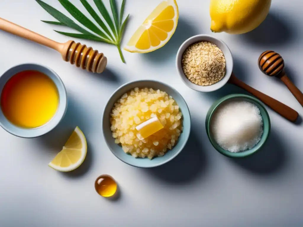 Ingredientes naturales para depilación casera, como miel, azúcar, limón, sábila, aceite de coco y avena, en un elegante mostrador blanco