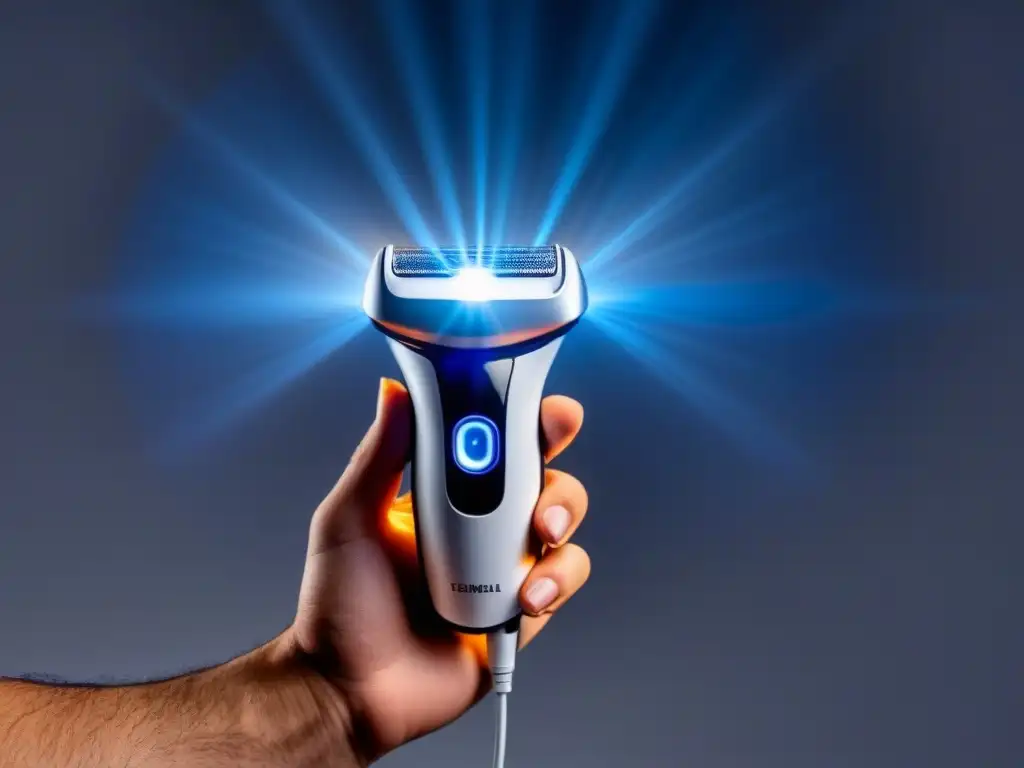 Dispositivo futurista de depilación láser avanzada Innovaciones en depilación 2024: Dispositivo futurista para depilar con tecnología láser avanzada, iluminación azul suave y diseño vanguardista
