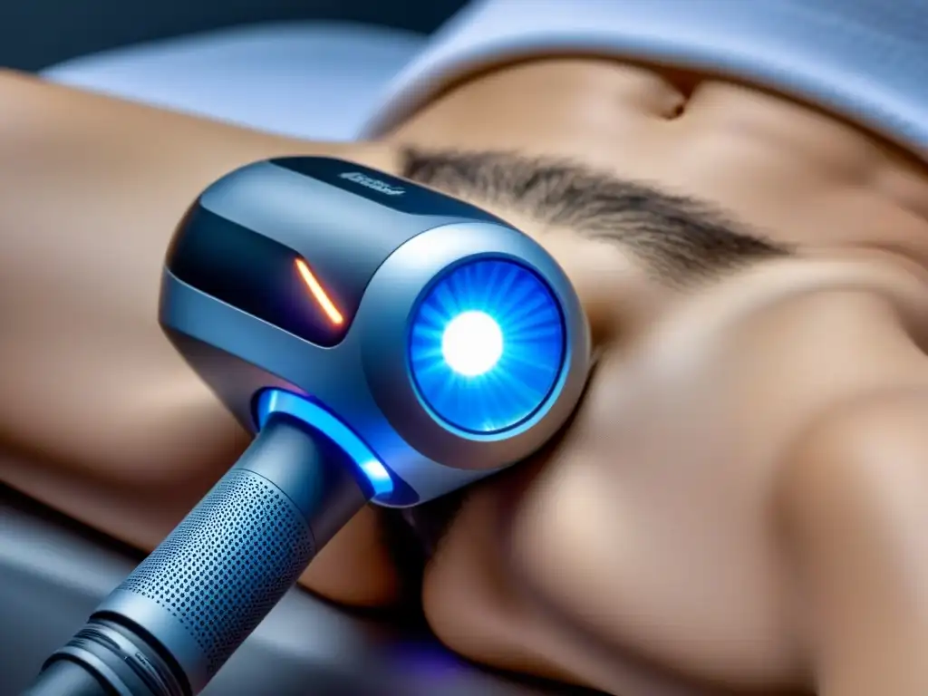Láser depilatorio de última generación en acción Innovador dispositivo láser de depilación en acción, iluminando la piel con luz azul suave
