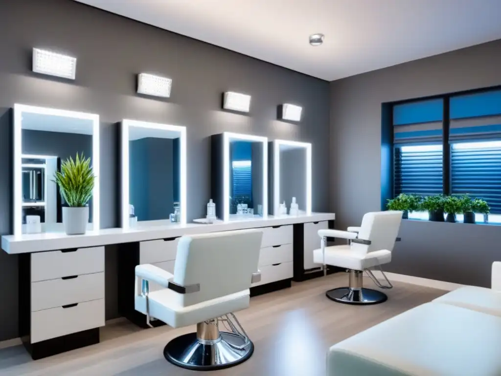 Interior elegante de salón de belleza con muebles blancos, decoración minimalista y luz ambiental suave para tratamiento post-depilación y prevención crecimiento vello