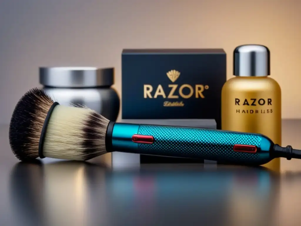 Una lujosa comparativa de suscripciones afeitado online: modernas maquinillas rodeadas de productos elegantes en una superficie brillante
