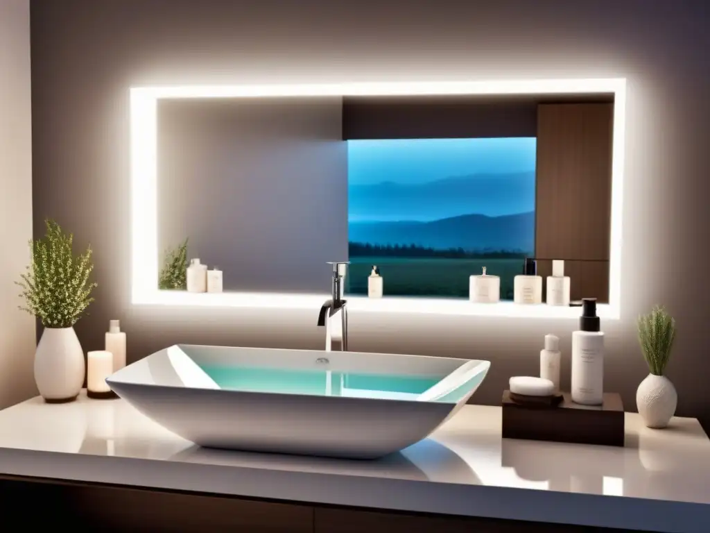 Spa de lujo: baño moderno con productos de belleza Un lujoso baño con productos de cuidado de la piel y crema depilatoria