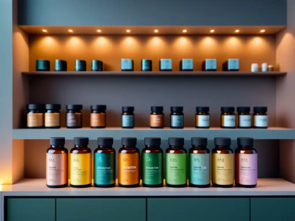 Un lujoso estante de suplementos para desacelerar el crecimiento del vello en un sereno spa