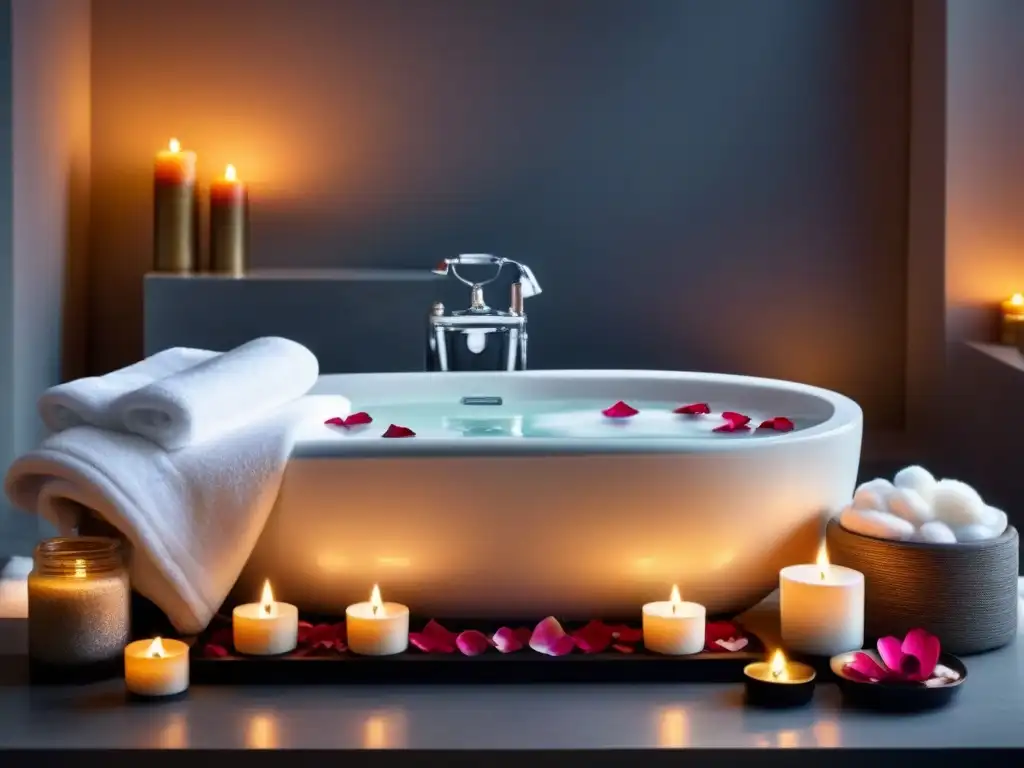 Un lujoso spa con bañera de mármol, pétalos de rosa, velas y productos de skincare