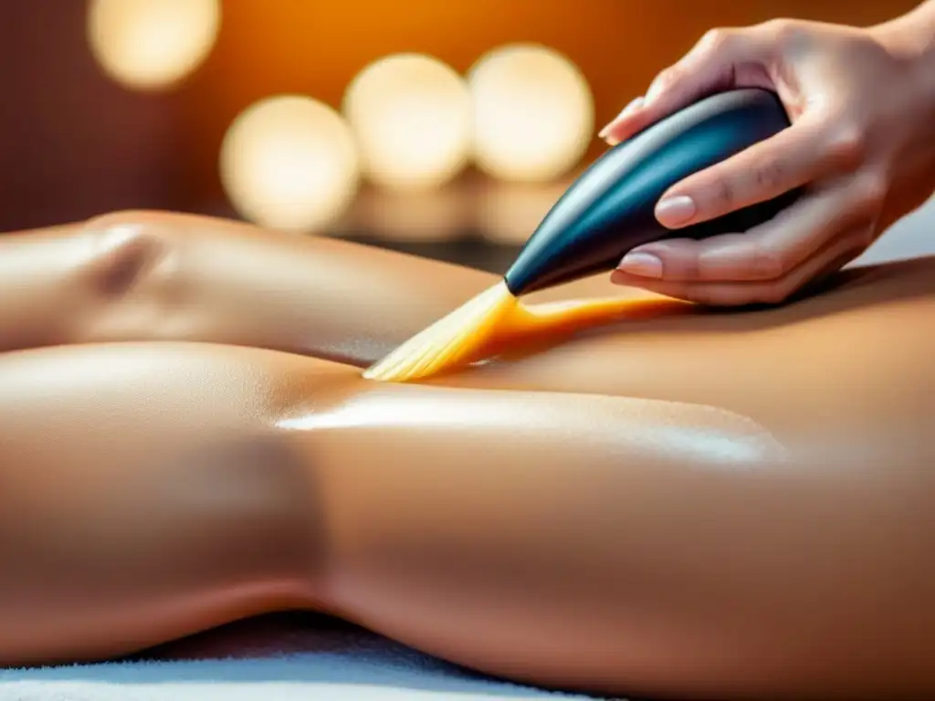 Proceso de depilación con cera brasileña: detallada aplicación profesional Mano aplica cera brasileña tibia en pierna, técnica profesional en salón moderno