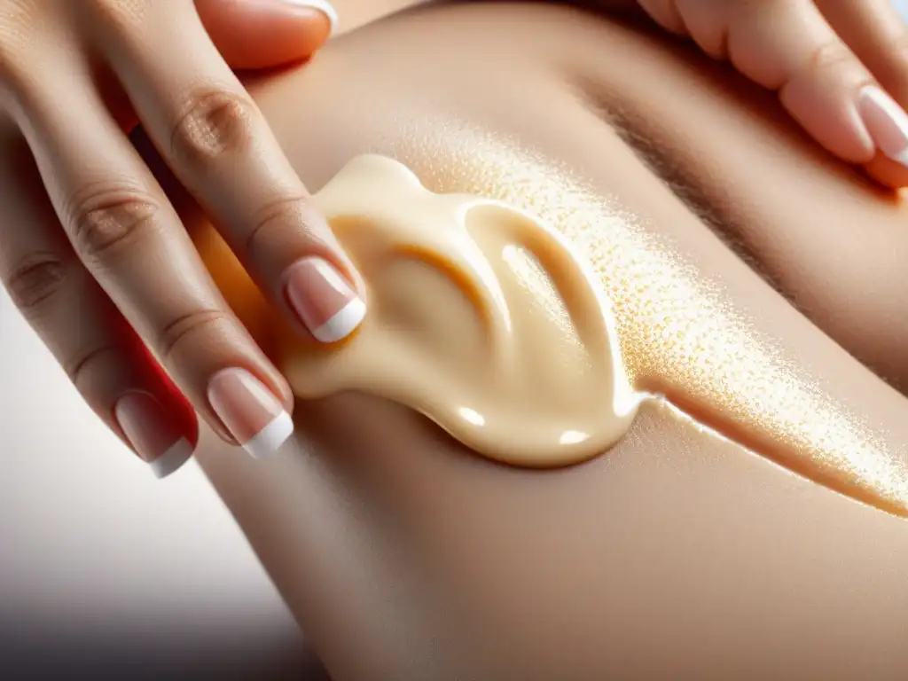Piel suave y sin vello: resultado impecable de depilación química Mano aplica suavemente crema depilatoria en piel perfectamente lisa, sin irritación