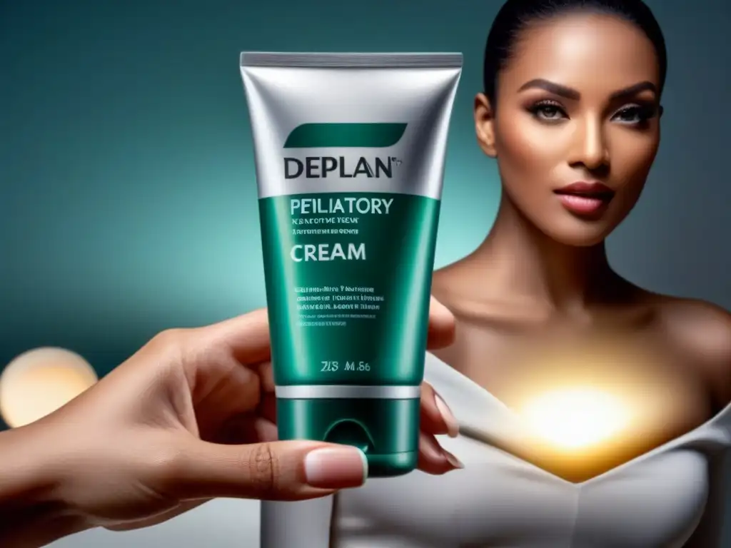 Mano femenina suavidad crema depilatoria moderna Mano femenina sostiene elegante tubo de crema depilatoria en baño minimalista
