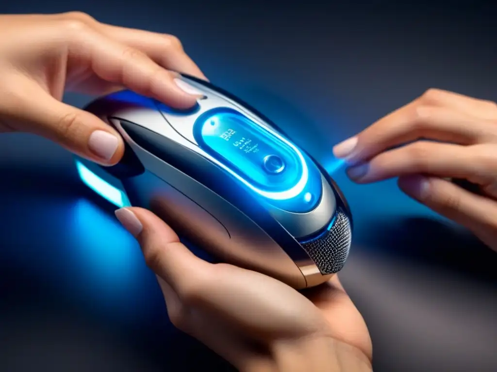 Manutención experta de epilador eléctrico futurista Mano femenina experta mantenimiento depiladora eléctrica futurista