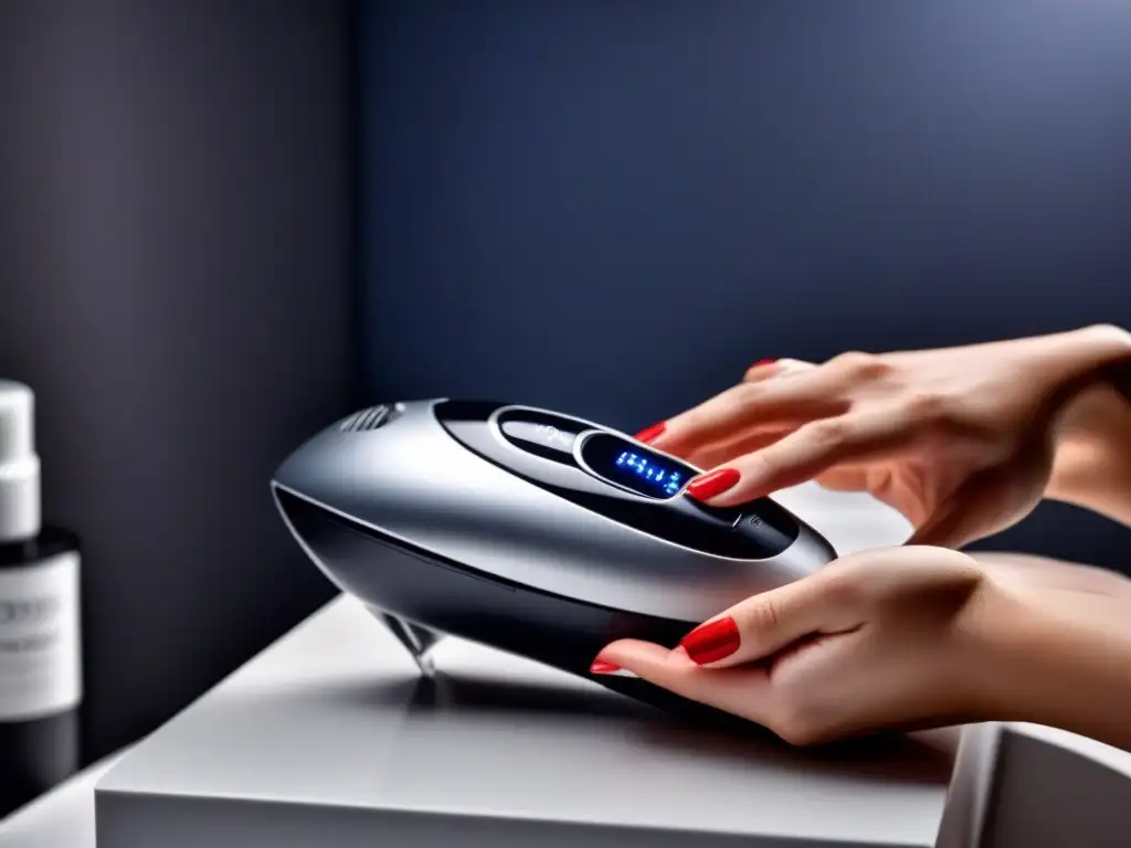 Detalle de limpieza de epilador eléctrico en baño moderno Una mano femenina limpia con cuidado la cabeza desmontable de una depiladora eléctrica en un elegante baño