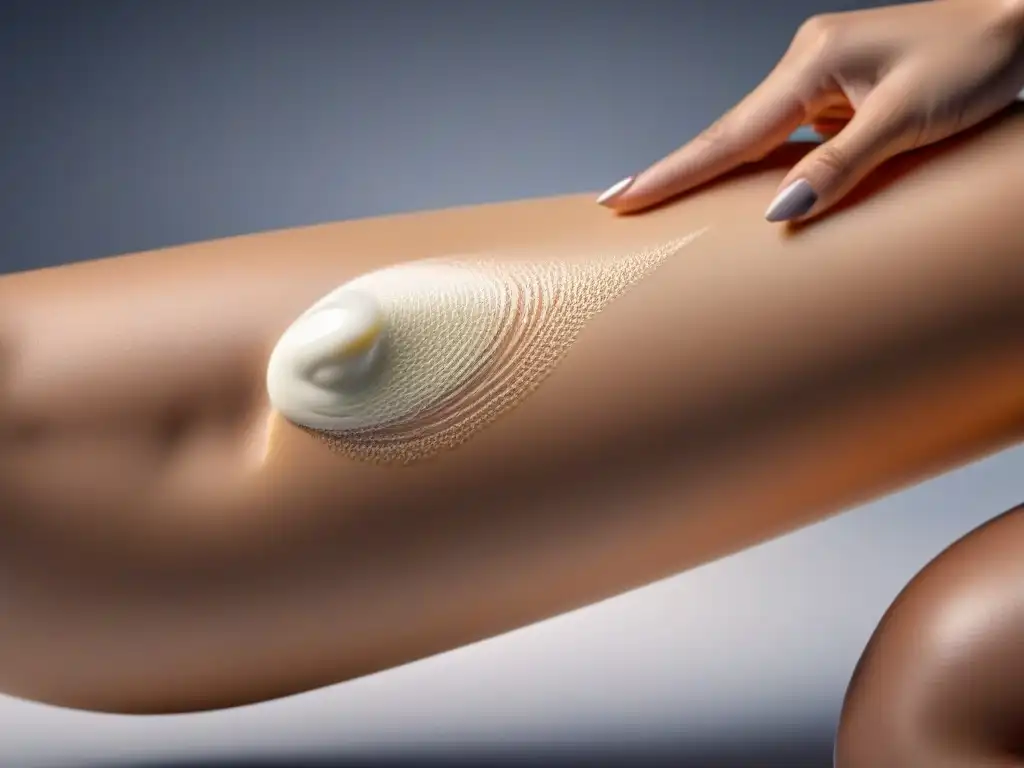 Aplicación precisa de crema depilatoria en pierna Mano femenina aplicando con precisión crema depilatoria en pierna