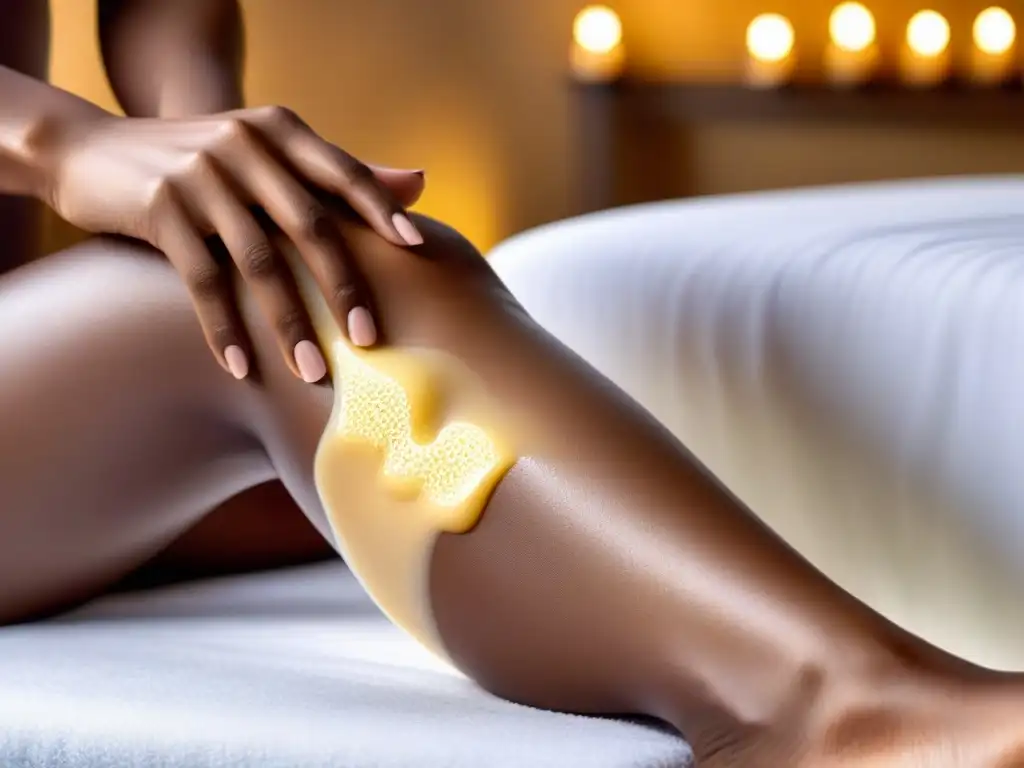 Mano femenina aplica suavemente una tira de cera natural en la pierna, mostrando detalle y cuidado en un entorno de spa sereno