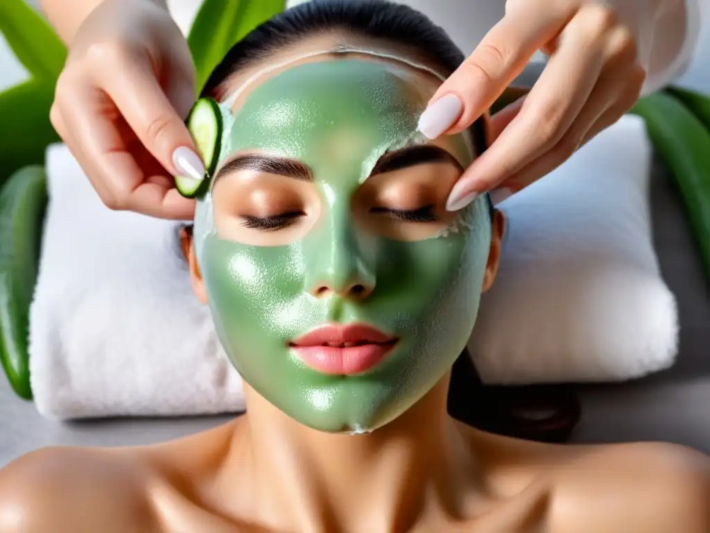 Rutina postdepilación: mascarilla de aloe vera y pepino Mano de mujer aplica mascarilla de aloe vera y pepino en piel postdepilación