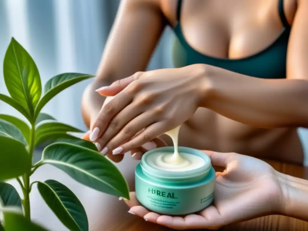 Manos aplicando crema hidratante para una piel suave y saludable Manos femeninas aplicando crema hidratante en piel suave y bien cuidada, resaltando la importancia de hidratación en depilación