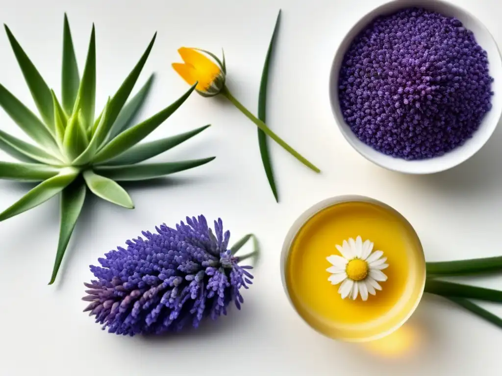 Botánicos para depilación natural: aloe vera, lavanda y manzanilla en detalle Mezcla elegante de aloe vera, lavanda y manzanilla en fondo blanco