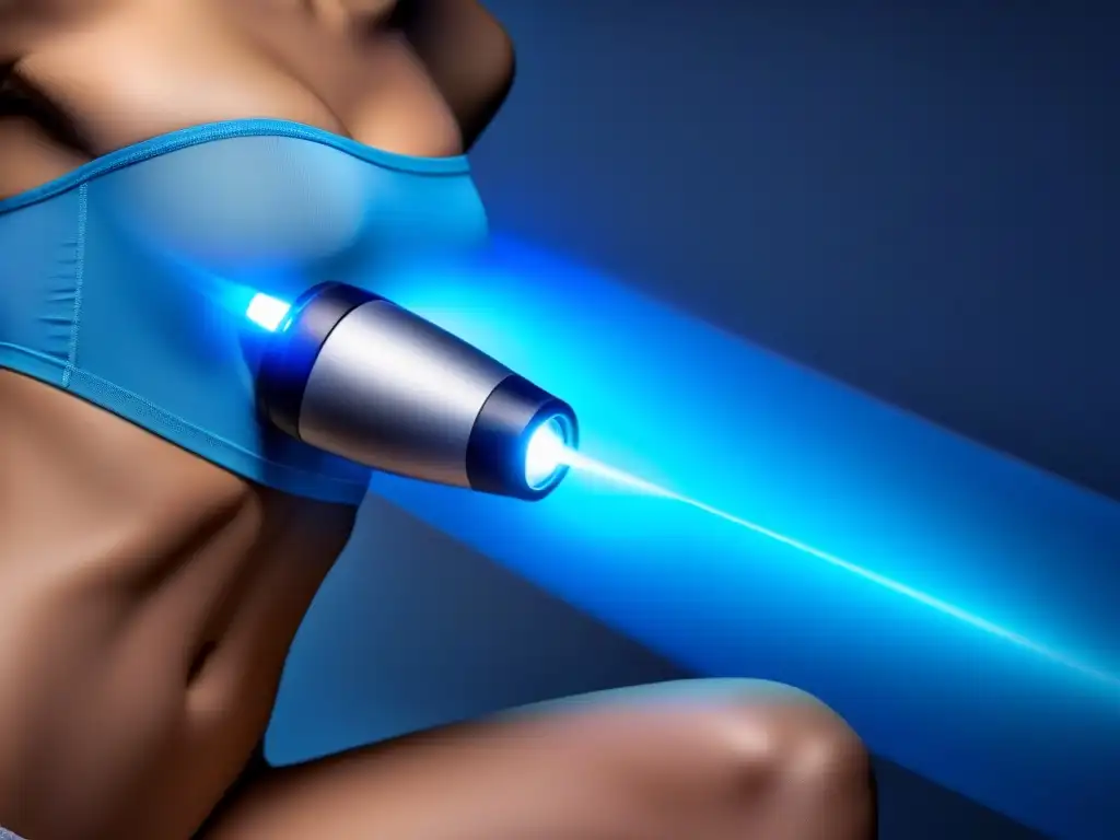 Un moderno dispositivo láser de depilación en acción, emitiendo luz azul suave en la piel de un modelo