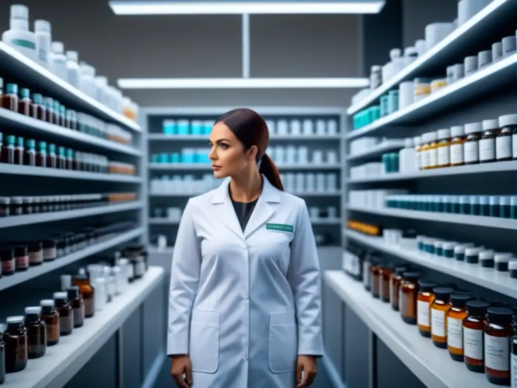 Moderno laboratorio con suplementos para desacelerar crecimiento vello, científicos en acción