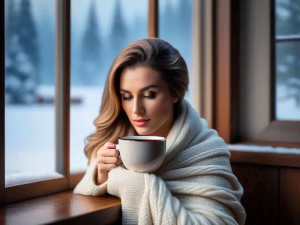 Mujer invernal contemplando la nieve con té caliente Mujer abrigada con manta y té mirando la nevada por la ventana