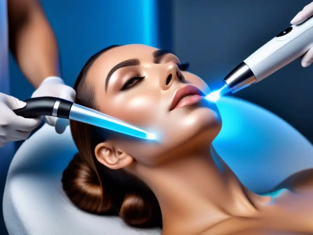 Eficiente depilación láser de bozo en spa moderno Una mujer recibe depilación facial con láser en un spa moderno