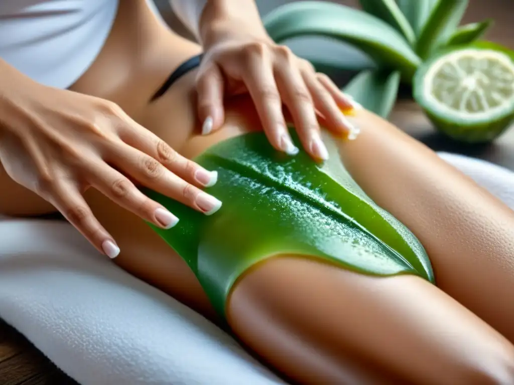 Mujer aplica gel de aloe en piel irritada tras depilación
