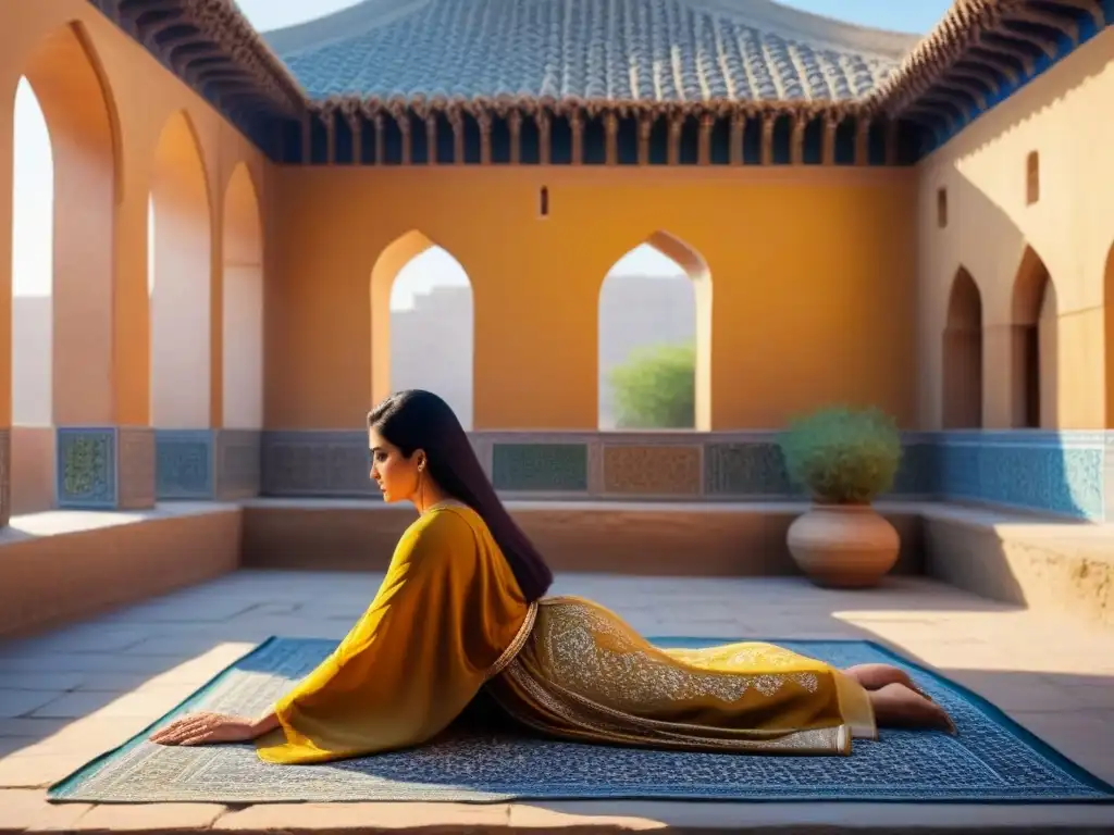 Arte persa: mujer en patio sereno Mujer en patio persa, método de depilación tradicional