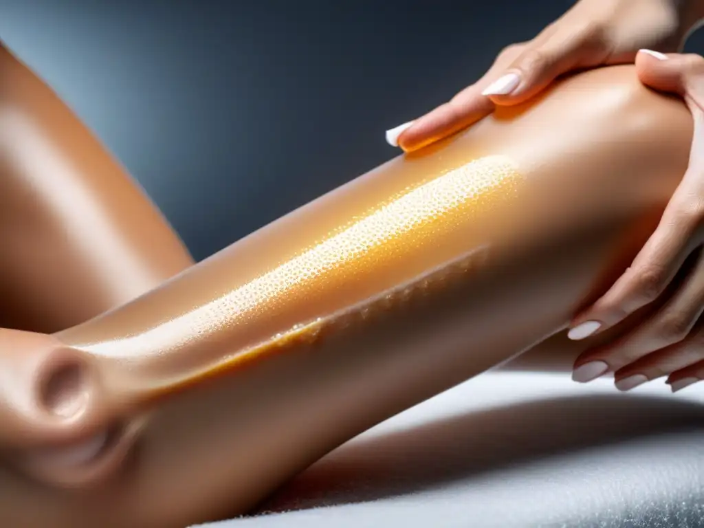 Una mujer serena aplica suavemente un gel calmante en sus piernas antes de la depilación profesional, mostrando cuidado en la preparación